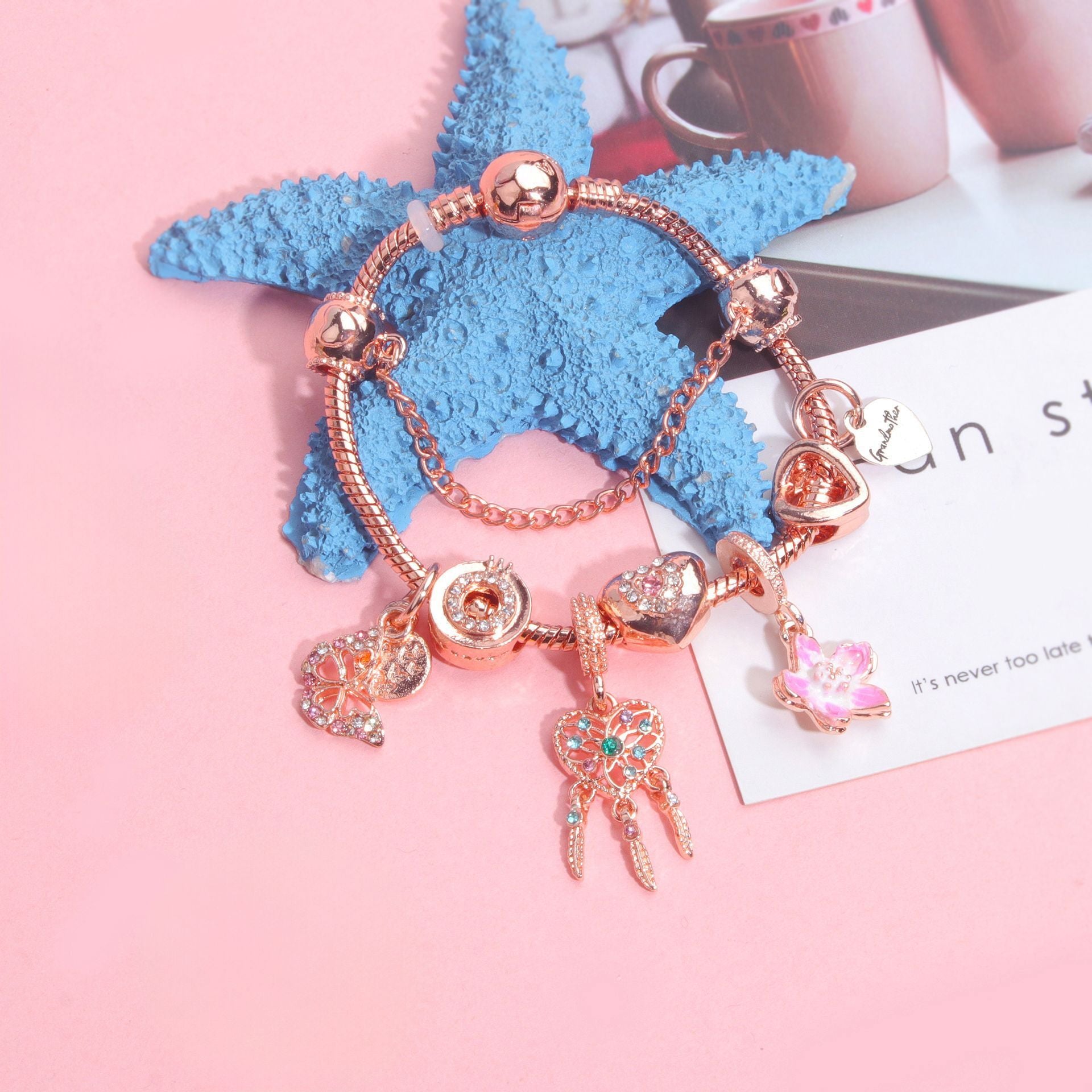 Rose Gold Bracelet with Dreamcatcher & Lily Pendant, Crystal Zircon Beads(17cm) - Image 4