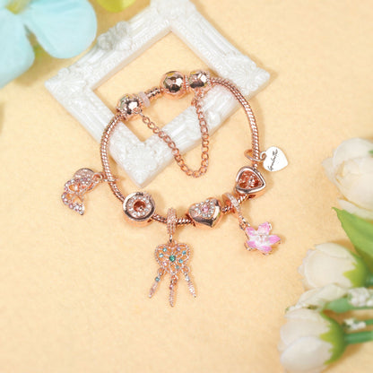 Rose Gold Bracelet with Dreamcatcher & Lily Pendant, Crystal Zircon Beads(17cm) - Image 7