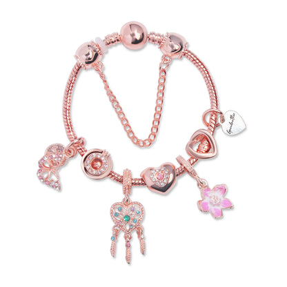 Rose Gold Bracelet with Dreamcatcher & Lily Pendant, Crystal Zircon Beads(18cm)