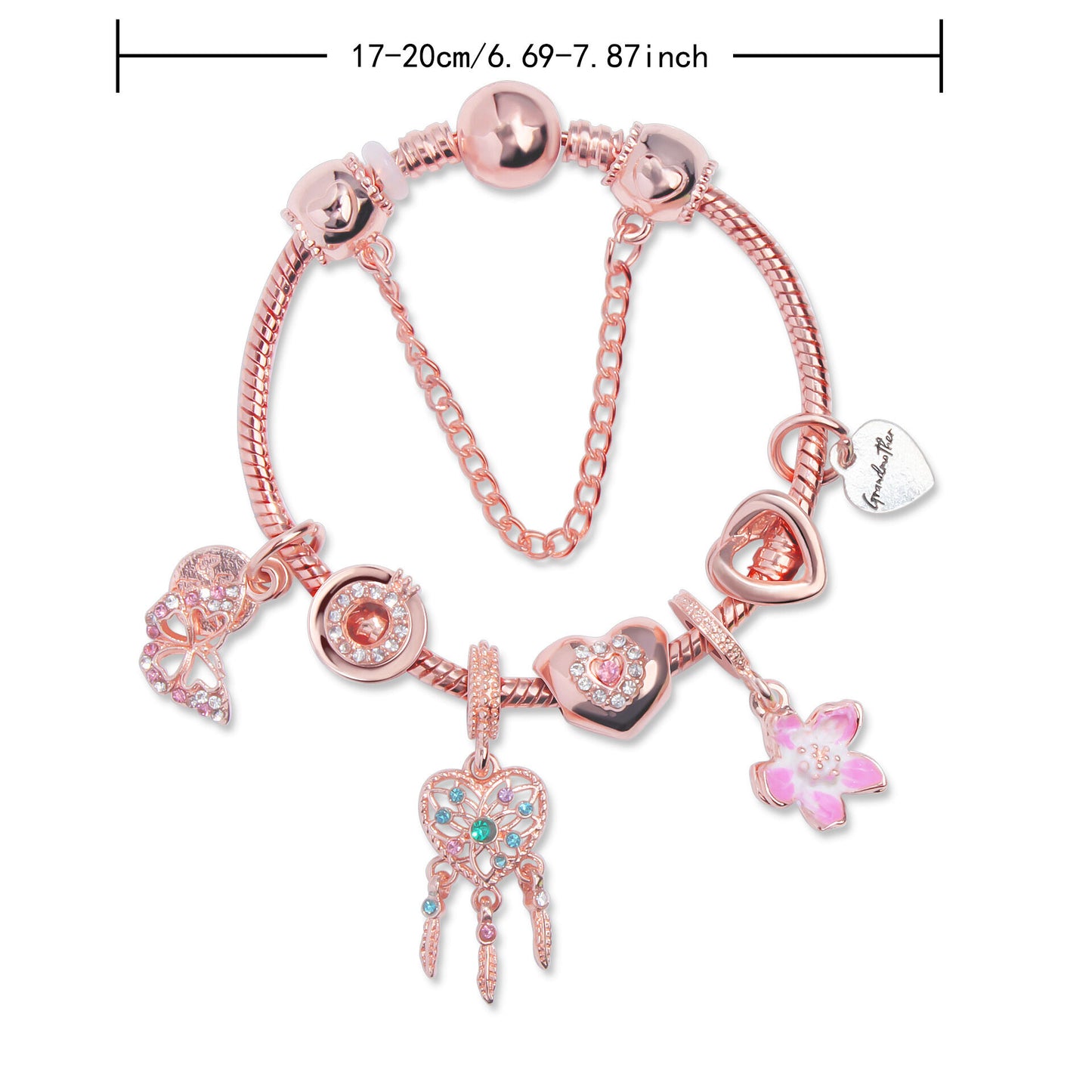 Rose Gold Bracelet with Dreamcatcher & Lily Pendant, Crystal Zircon Beads(18cm) - Image 2