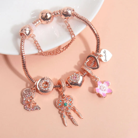 Rose Gold Bracelet with Dreamcatcher & Lily Pendant, Crystal Zircon Beads(18cm) - Image 3
