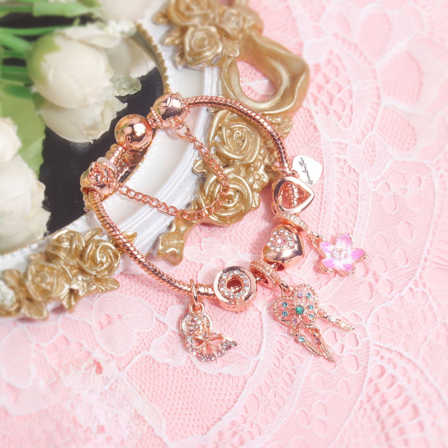 Rose Gold Bracelet with Dreamcatcher & Lily Pendant, Crystal Zircon Beads(18cm) - Image 5