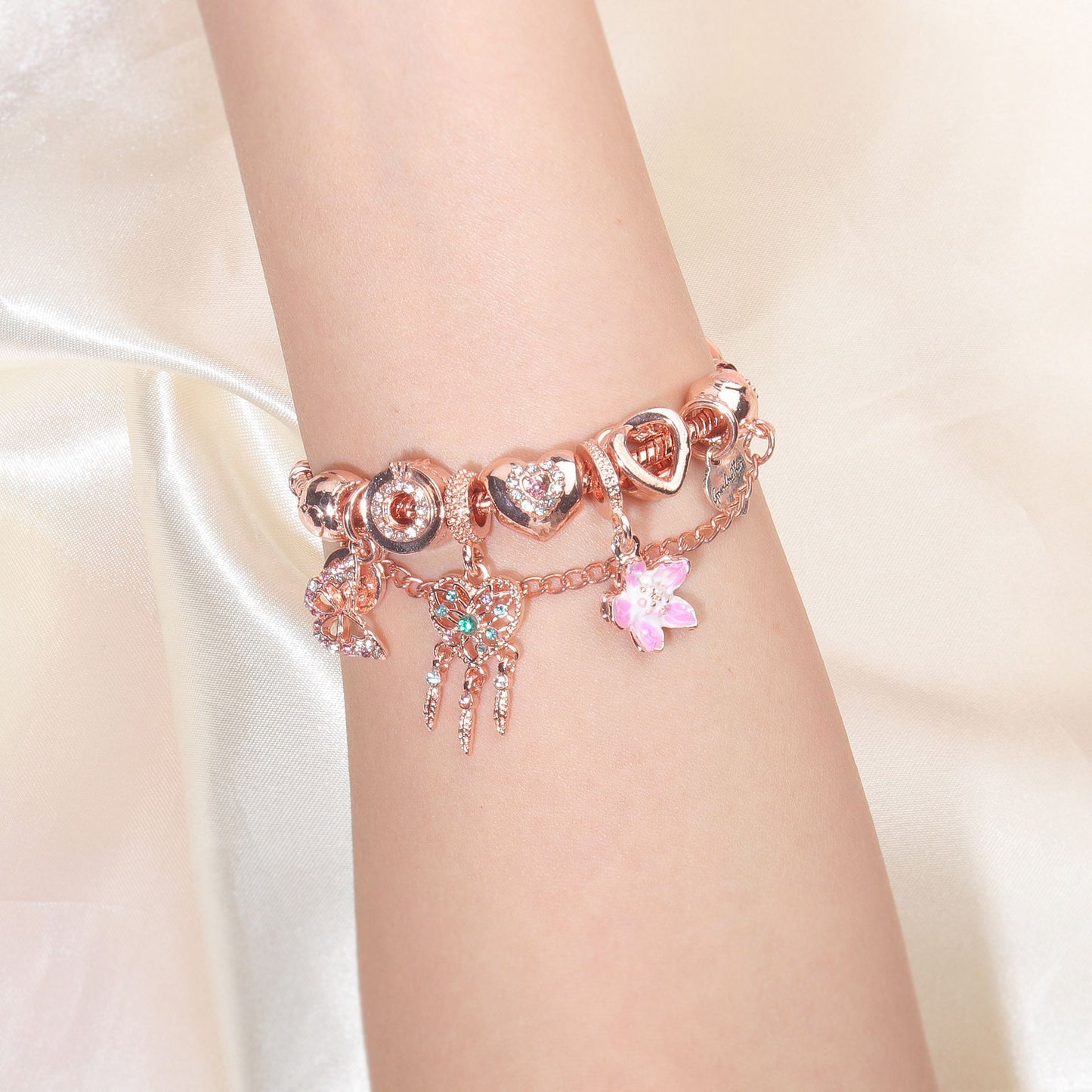 Rose Gold Bracelet with Dreamcatcher & Lily Pendant, Crystal Zircon Beads(18cm) - Image 6