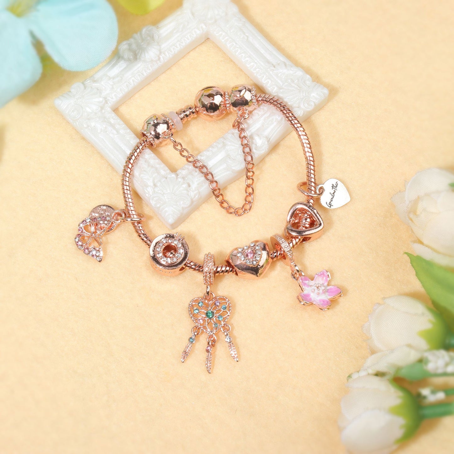 Rose Gold Bracelet with Dreamcatcher & Lily Pendant, Crystal Zircon Beads(18cm) - Image 7