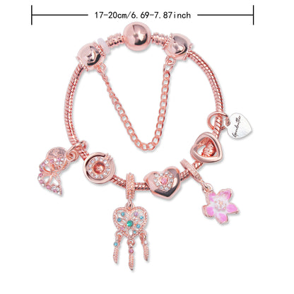 Rose Gold Bracelet with Dreamcatcher & Lily Pendant, Crystal Zircon Beads(19cm) - Image 2