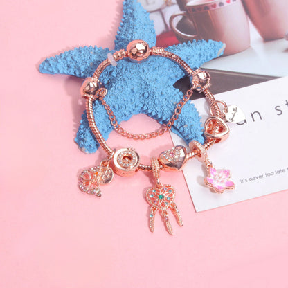 Rose Gold Bracelet with Dreamcatcher & Lily Pendant, Crystal Zircon Beads(19cm) - Image 4