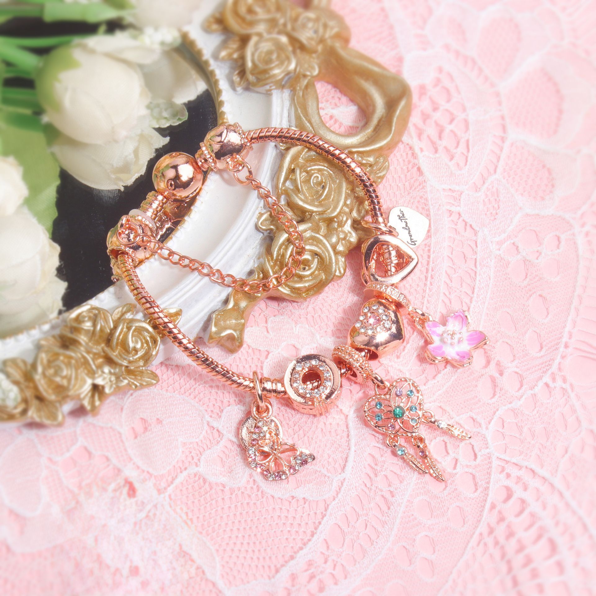 Rose Gold Bracelet with Dreamcatcher & Lily Pendant, Crystal Zircon Beads(19cm) - Image 5