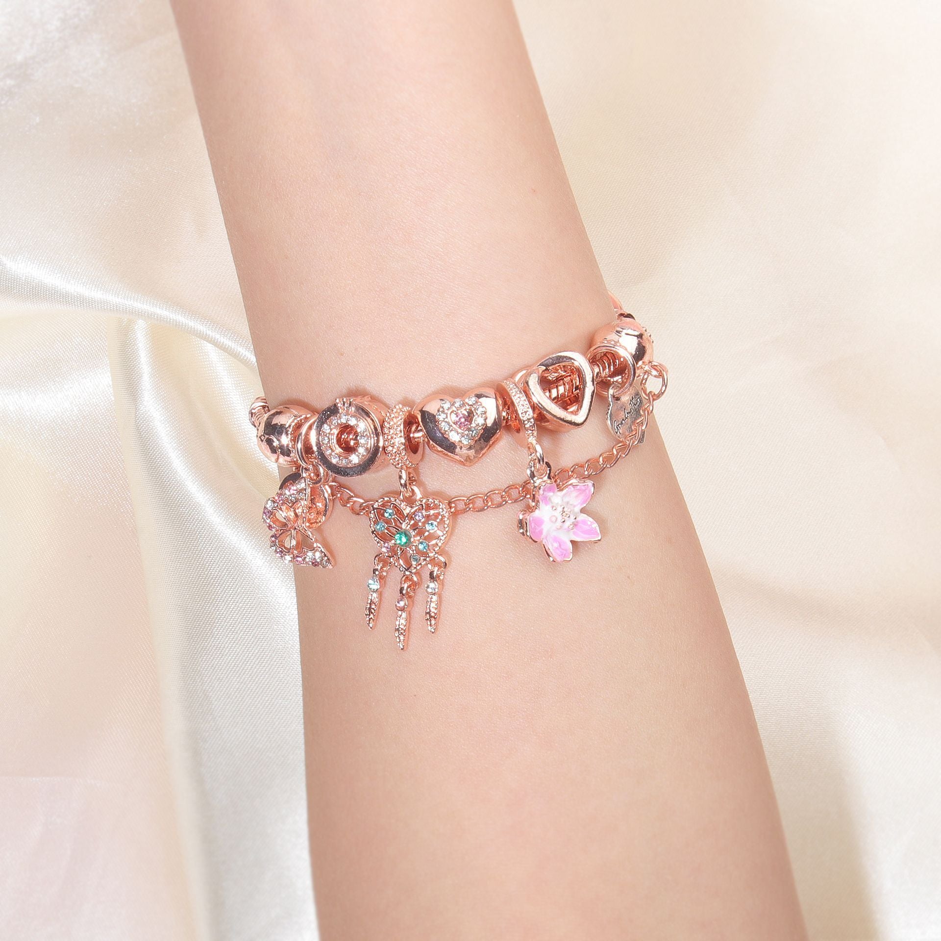 Rose Gold Bracelet with Dreamcatcher & Lily Pendant, Crystal Zircon Beads(19cm) - Image 6