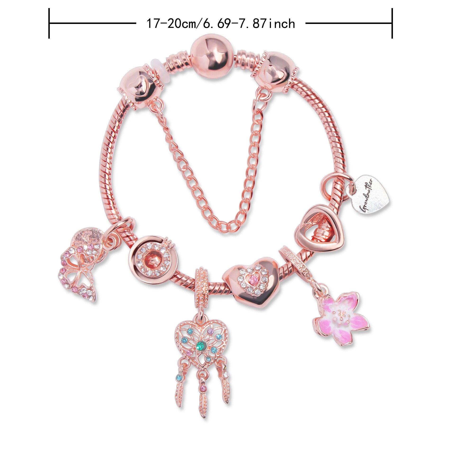 Rose Gold Bracelet with Dreamcatcher & Lily Pendant, Crystal Zircon Beads(20cm) - Image 2