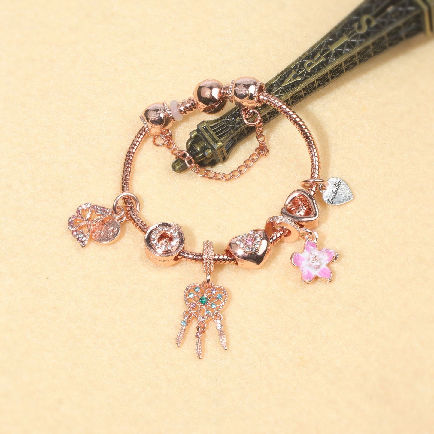 Rose Gold Bracelet with Dreamcatcher & Lily Pendant, Crystal Zircon Beads(20cm) - Image 8