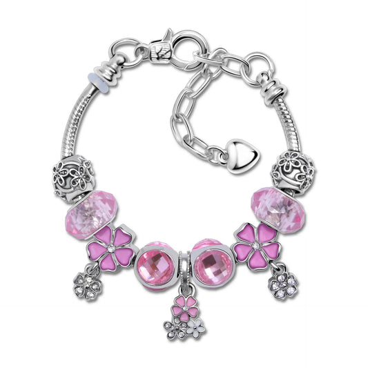 Romantic Floral Big Glass Bead Petal Pendant DIY Bracelet(pink-16cm)