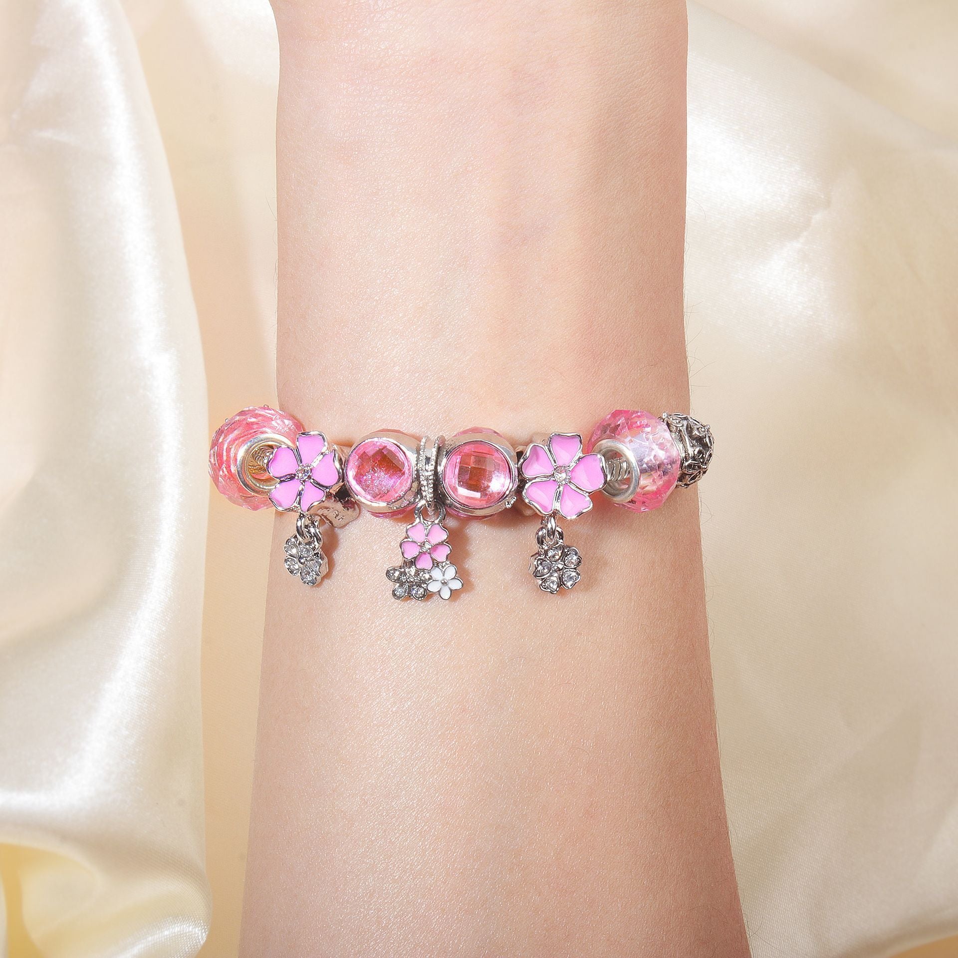 Romantic Floral Big Glass Bead Petal Pendant DIY Bracelet(pink-17cm) - Image 4