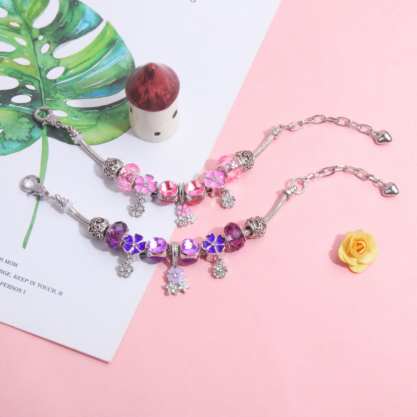 Romantic Floral Big Glass Bead Petal Pendant DIY Bracelet(pink-17cm) - Image 6