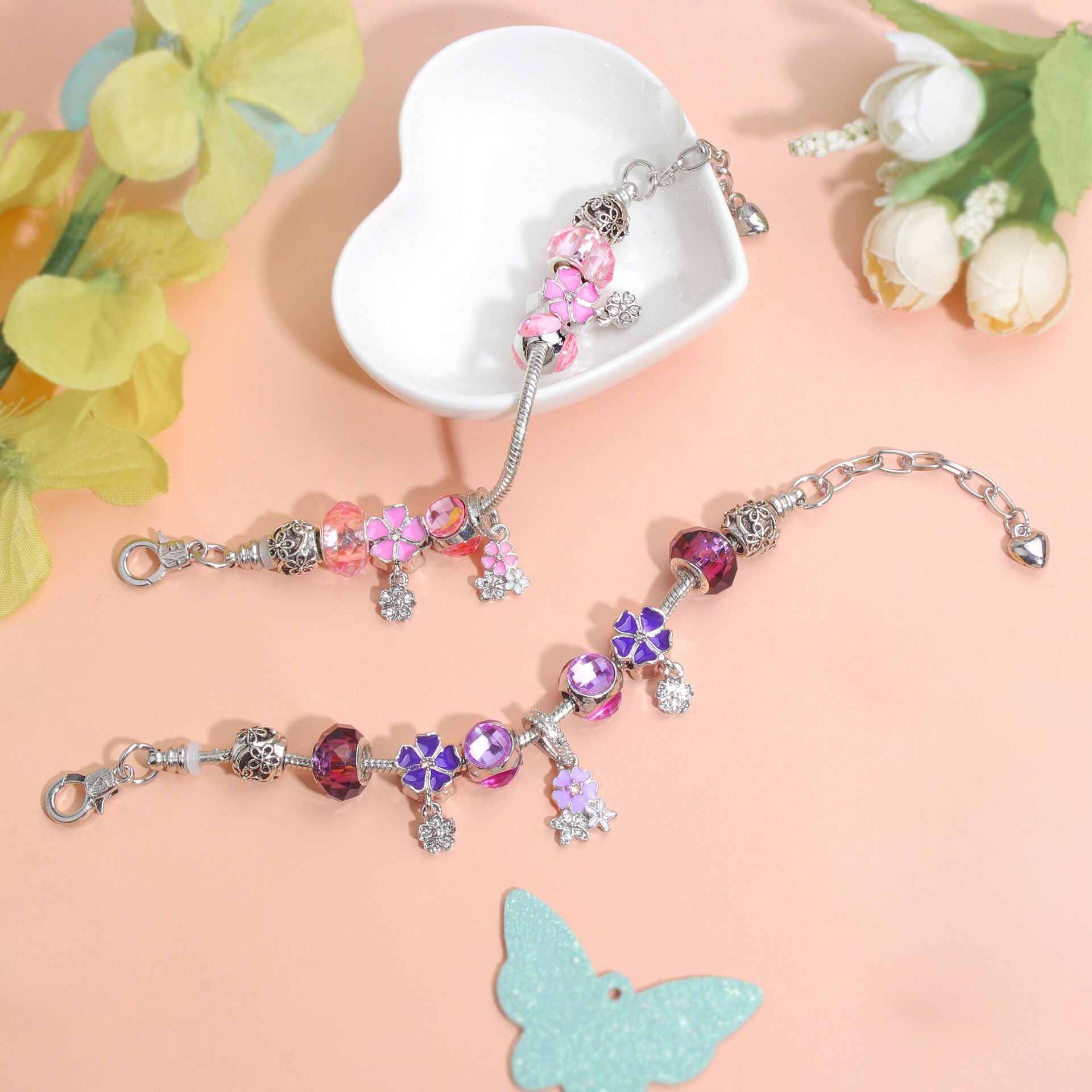 Romantic Floral Big Glass Bead Petal Pendant DIY Bracelet(pink-20cm) - Image 3