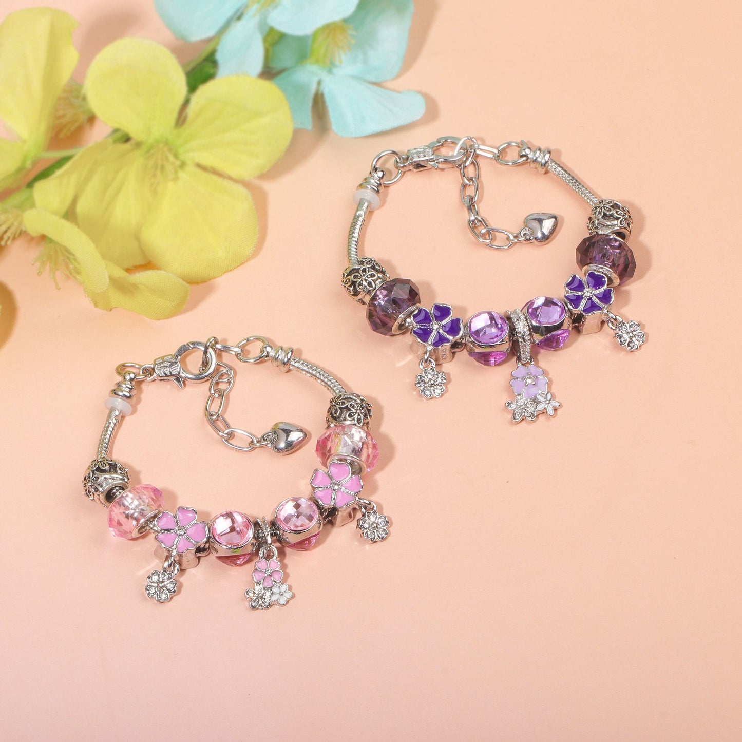 Romantic Floral Big Glass Bead Petal Pendant DIY Bracelet(pink-20cm) - Image 8