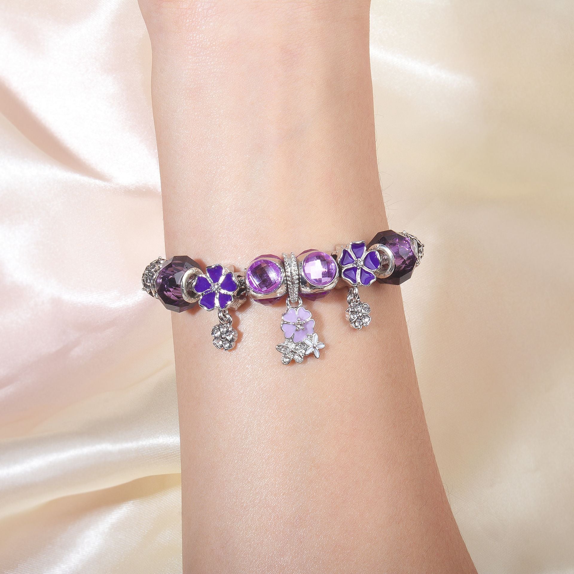 Romantic Floral Big Glass Bead Petal Pendant DIY Bracelet(purple-16cm) - Image 3