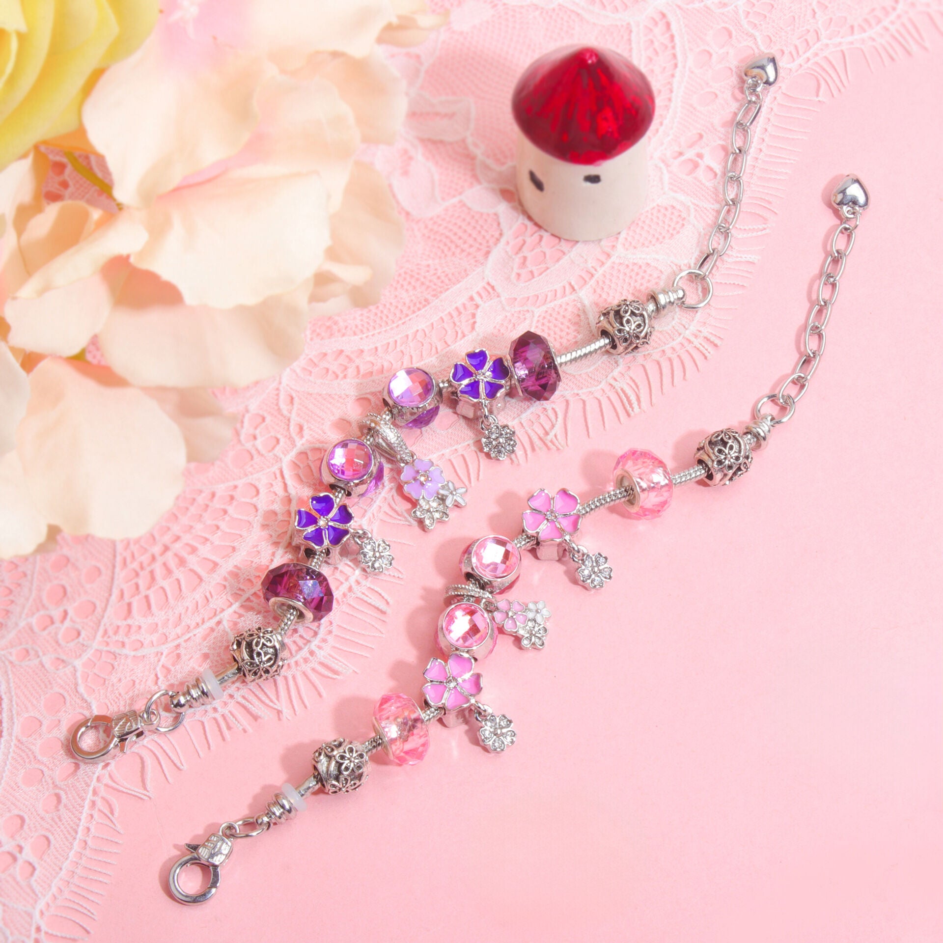 Romantic Floral Big Glass Bead Petal Pendant DIY Bracelet(purple-19cm) - Image 6