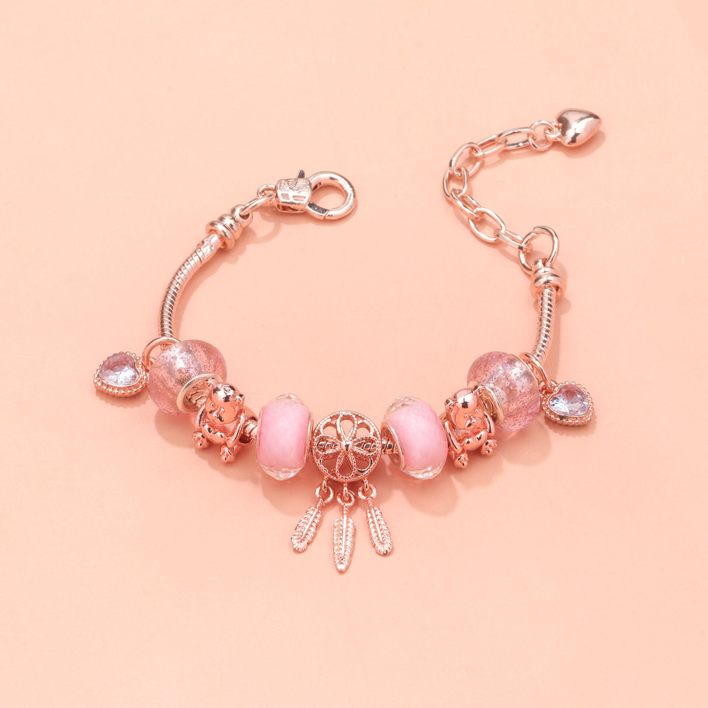 Rose Gold Charm Bracelet with Dreamcatcher & Bear Beads, Colorful Glass Beads Bracelet(16cm)