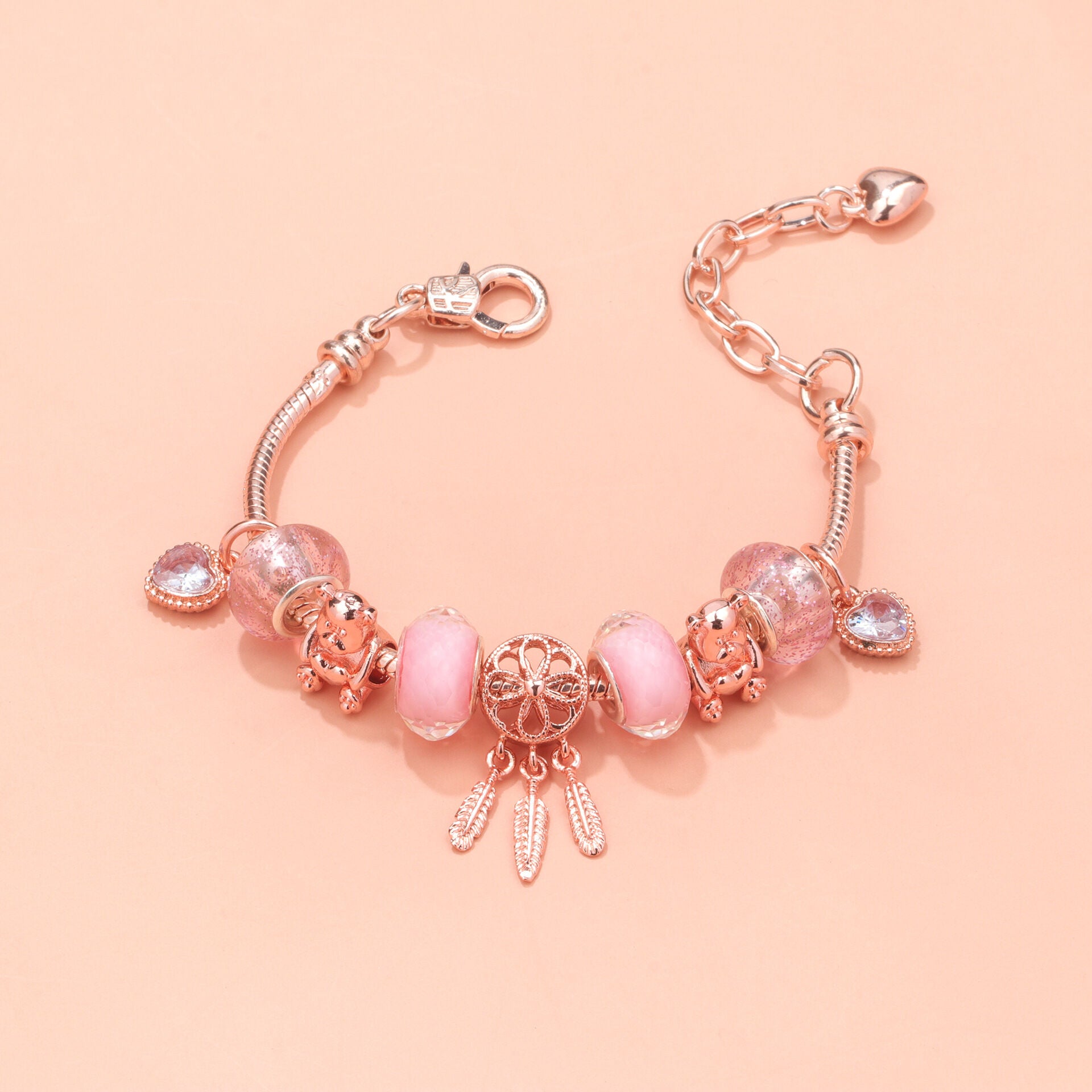 Rose Gold Charm Bracelet with Dreamcatcher & Bear Beads, Colorful Glass Beads Bracelet(16cm)