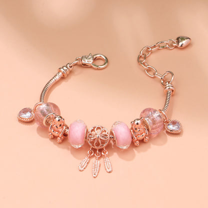 Rose Gold Charm Bracelet with Dreamcatcher & Bear Beads, Colorful Glass Beads Bracelet(16cm) - Image 2