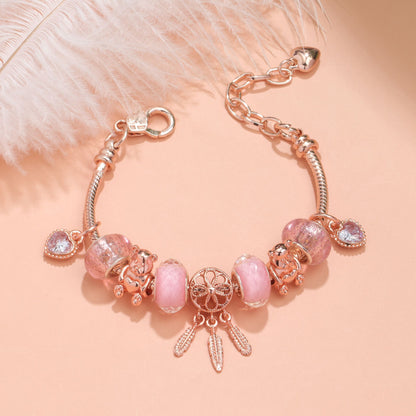 Rose Gold Charm Bracelet with Dreamcatcher & Bear Beads, Colorful Glass Beads Bracelet(18cm) - Image 3