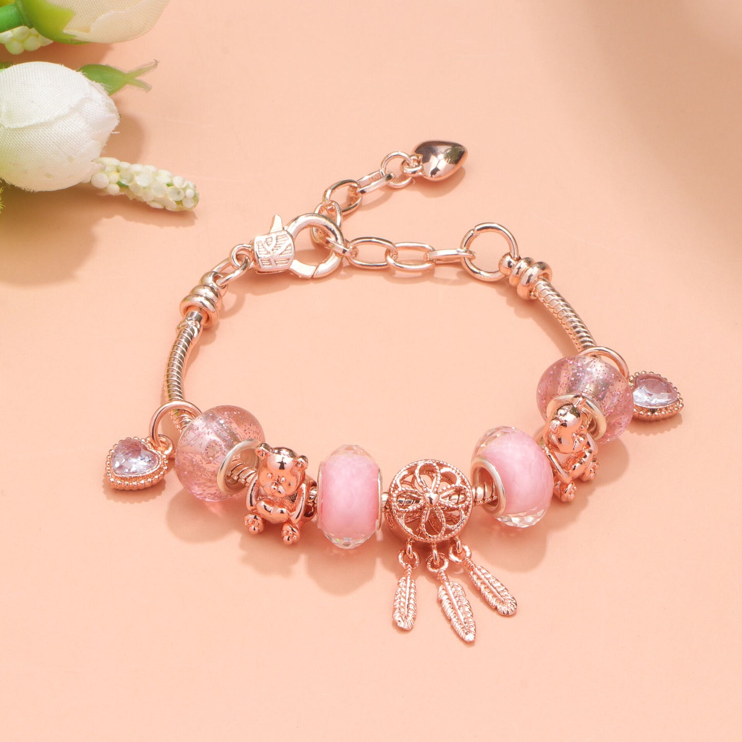 Rose Gold Charm Bracelet with Dreamcatcher & Bear Beads, Colorful Glass Beads Bracelet(19cm) - Image 2