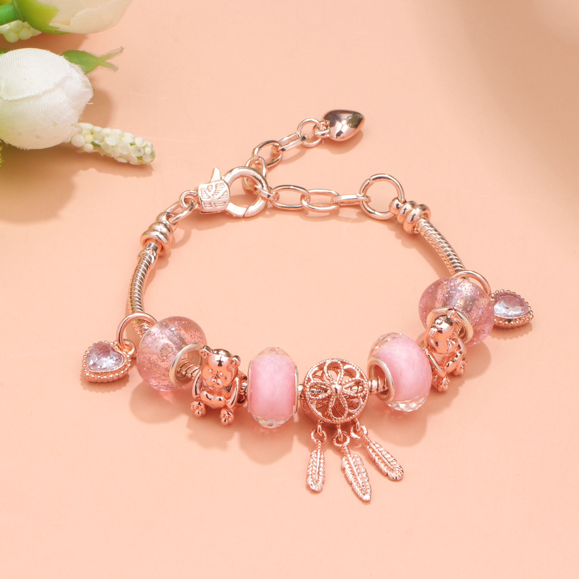 Rose Gold Charm Bracelet with Dreamcatcher & Bear Beads, Colorful Glass Beads Bracelet(19cm) - Image 2