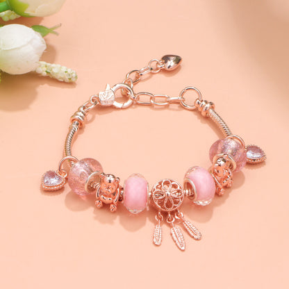 Rose Gold Charm Bracelet with Dreamcatcher & Bear Beads, Colorful Glass Beads Bracelet(19cm) - Image 2