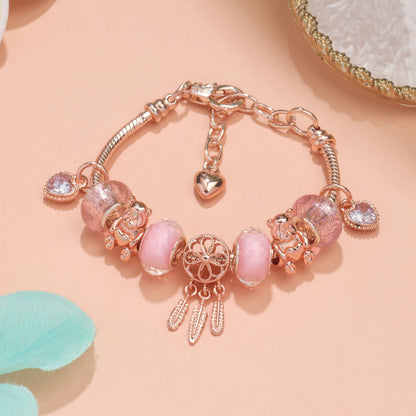 Rose Gold Charm Bracelet with Dreamcatcher & Bear Beads, Colorful Glass Beads Bracelet(20cm) - Image 2