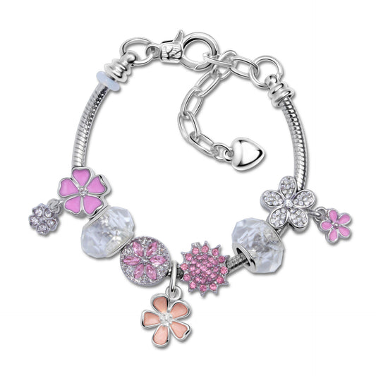 Chic Camellia Bead Charm DIY Bracelet with Crystal(pink flower-18cm)