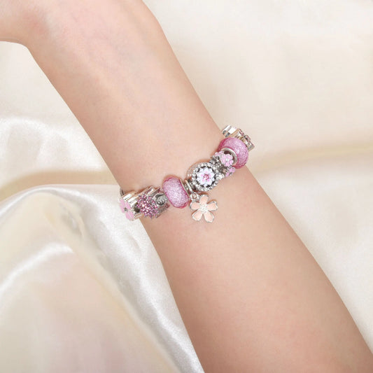 Chic Camellia Bead Charm DIY Bracelet with Crystal(pink flower-18cm) - Image 2
