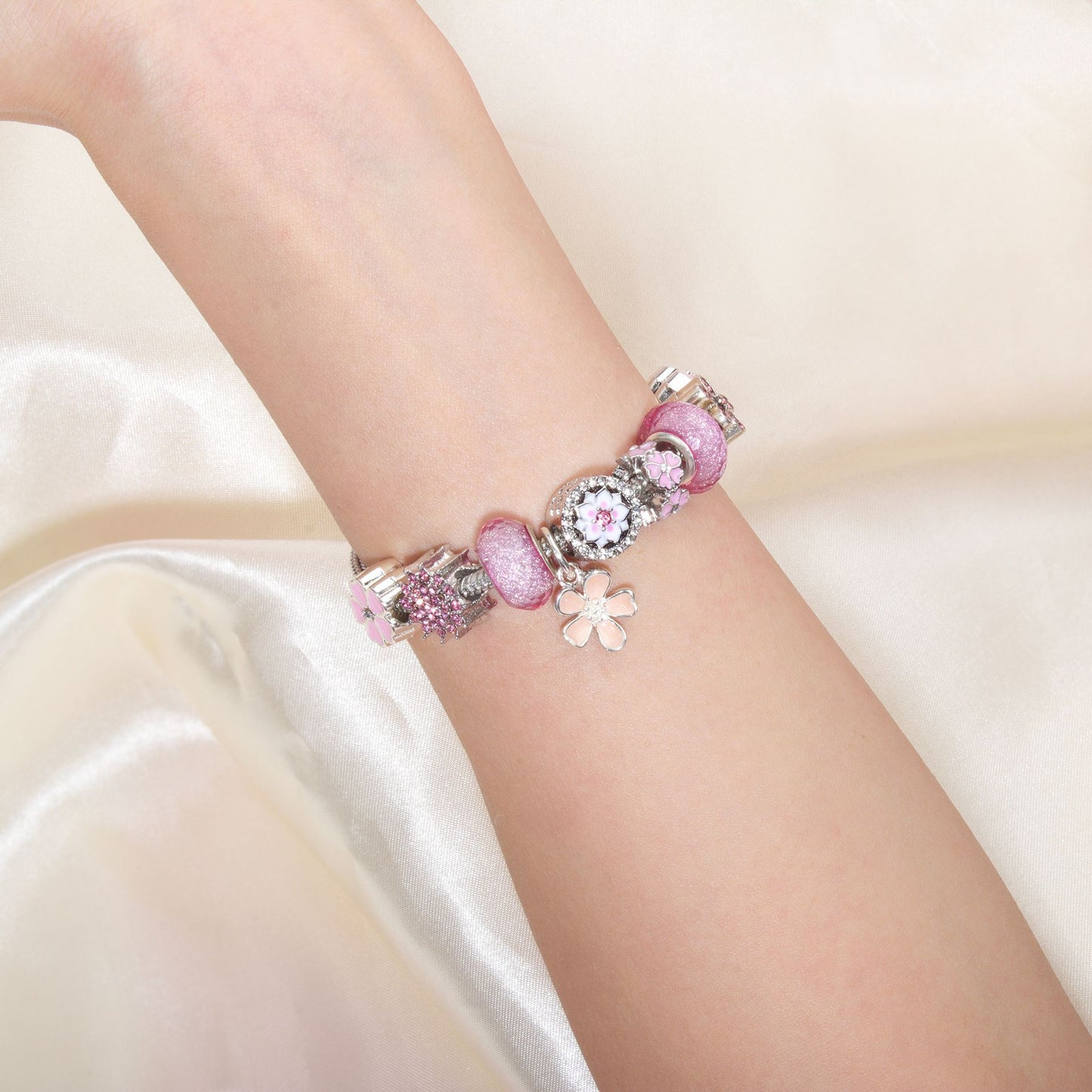 Chic Camellia Bead Charm DIY Bracelet with Crystal(pink flower-19cm) - Image 2