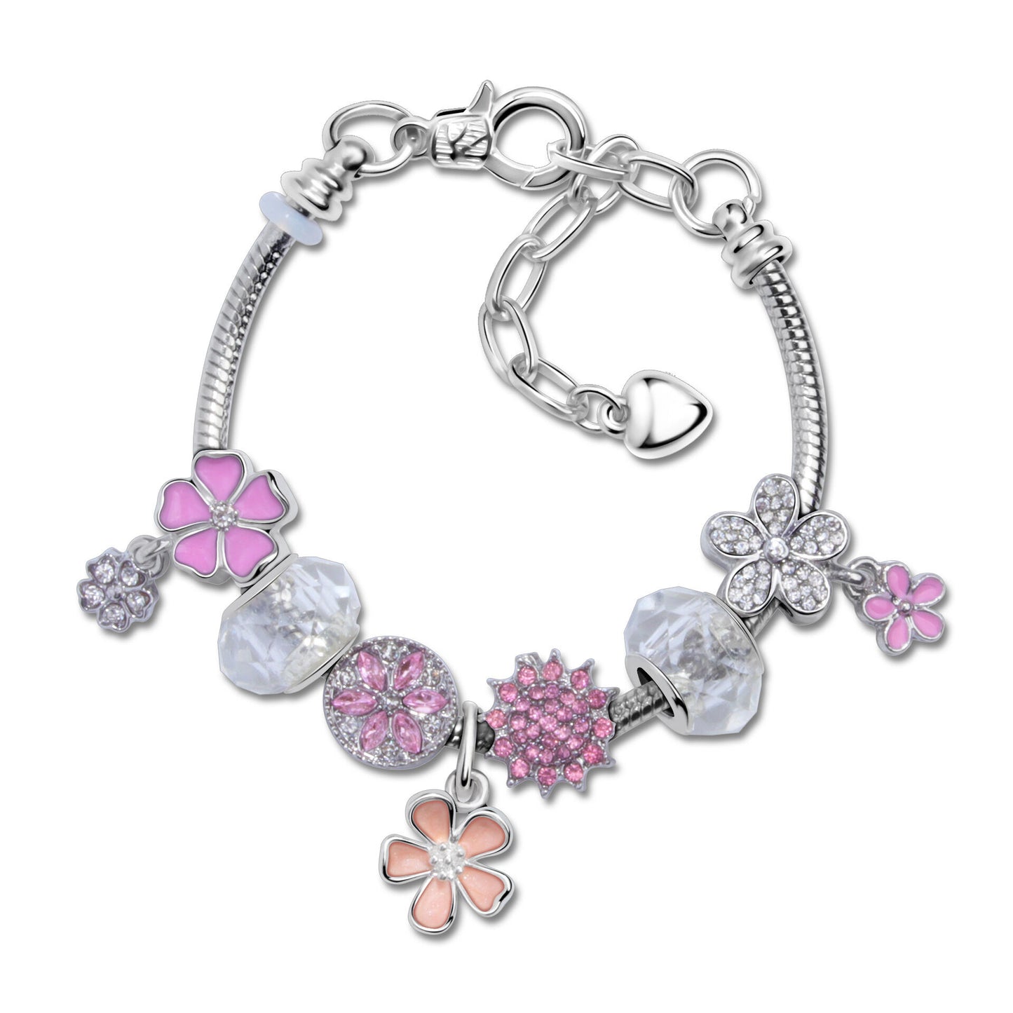 Chic Camellia Bead Charm DIY Bracelet with Crystal(pink flower-21cm)