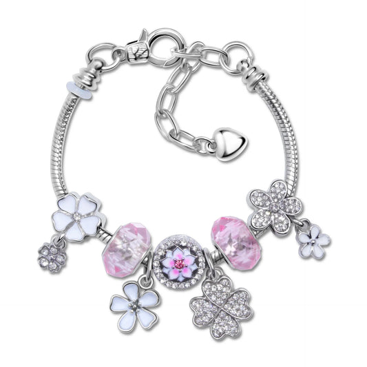 Chic Camellia Bead Charm DIY Bracelet with Crystal(white flower-18cm)