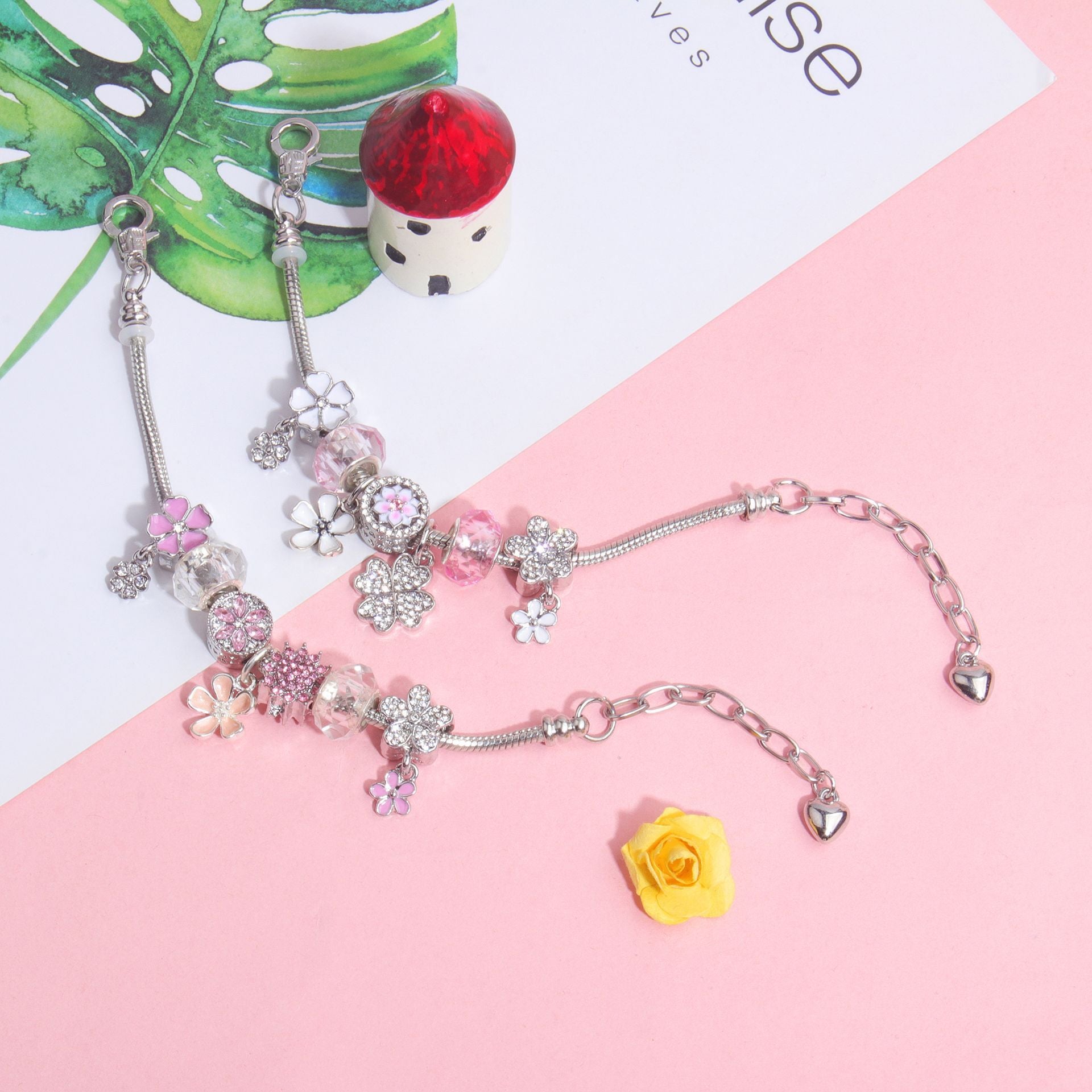 Chic Camellia Bead Charm DIY Bracelet with Crystal(white flower-18cm) - Image 7