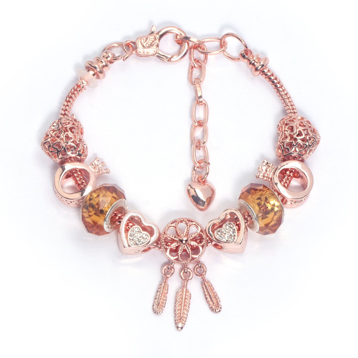 Rose Gold Plated Charm Bracelet with Zircon, Hollow Heart, Flower, Crown & Glass Beads(16cm)