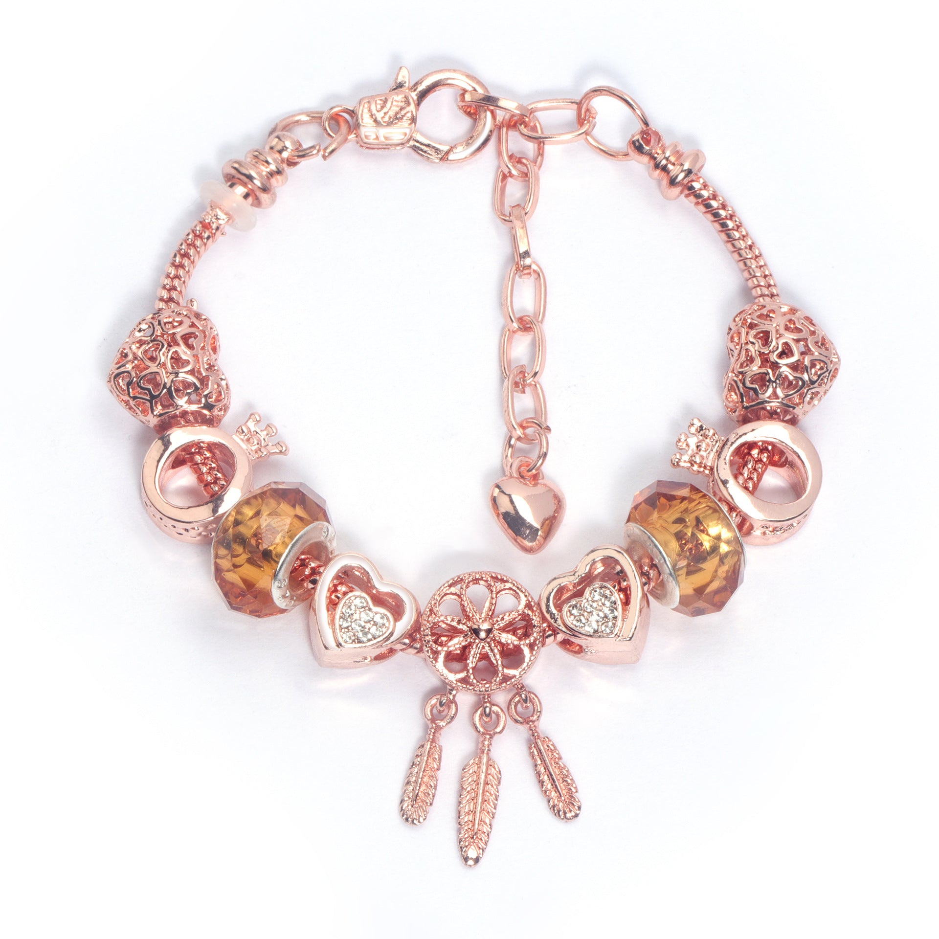 Rose Gold Plated Charm Bracelet with Zircon, Hollow Heart, Flower, Crown & Glass Beads(16cm)