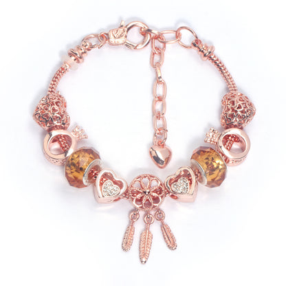 Rose Gold Plated Charm Bracelet with Zircon, Hollow Heart, Flower, Crown & Glass Beads(16cm)
