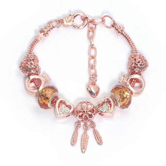 Rose Gold Plated Charm Bracelet with Zircon, Hollow Heart, Flower, Crown & Glass Beads(16cm)