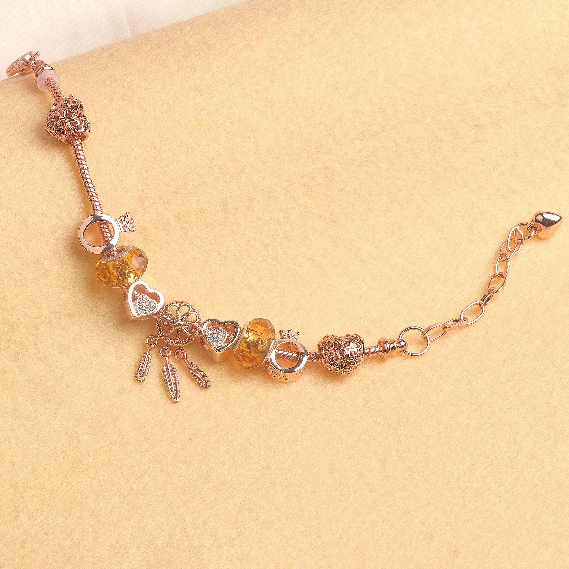 Rose Gold Plated Charm Bracelet with Zircon, Hollow Heart, Flower, Crown & Glass Beads(16cm) - Image 4