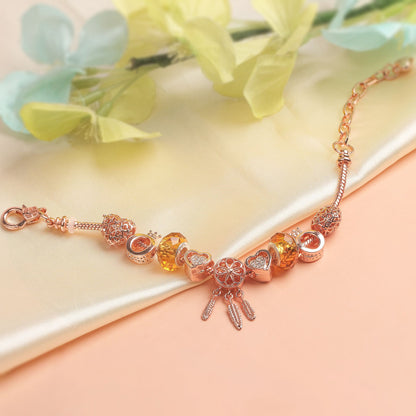 Rose Gold Plated Charm Bracelet with Zircon, Hollow Heart, Flower, Crown & Glass Beads(16cm) - Image 5