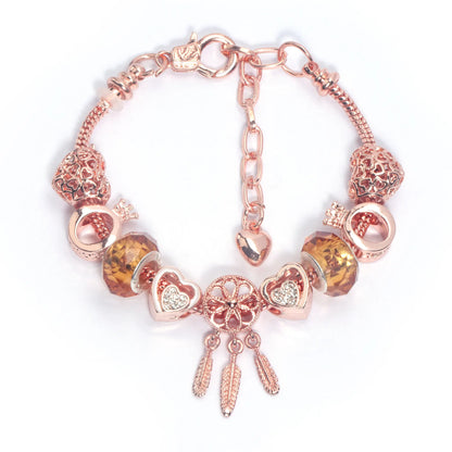 Rose Gold Plated Charm Bracelet with Zircon, Hollow Heart, Flower, Crown & Glass Beads(17cm)