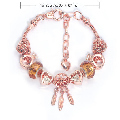 Rose Gold Plated Charm Bracelet with Zircon, Hollow Heart, Flower, Crown & Glass Beads(17cm) - Image 2