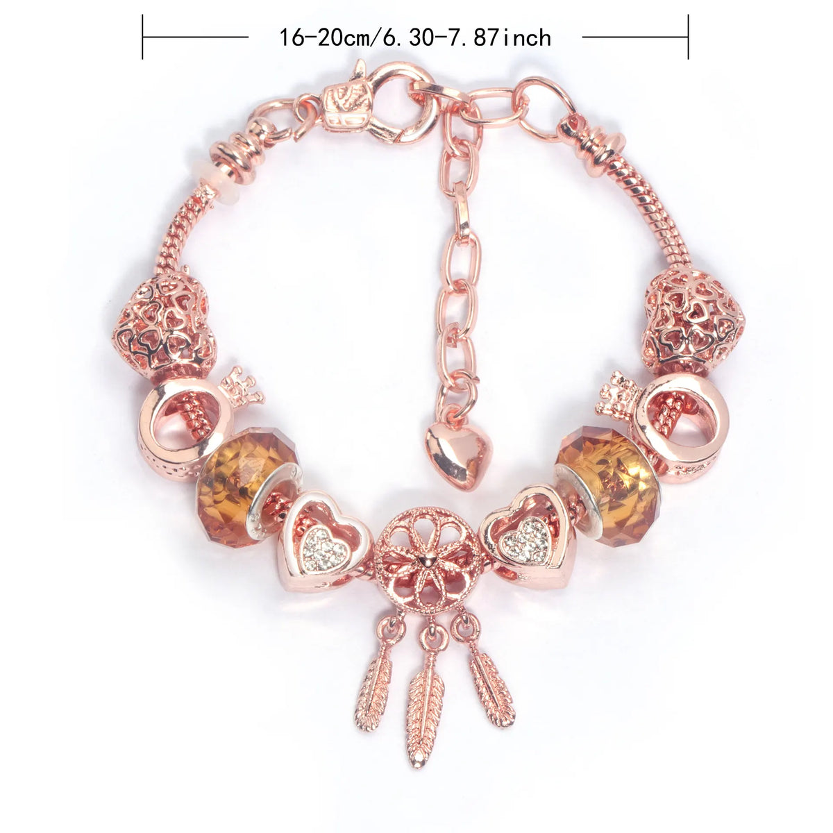 Rose Gold Plated Charm Bracelet with Zircon, Hollow Heart, Flower, Crown & Glass Beads(17cm) - Image 2