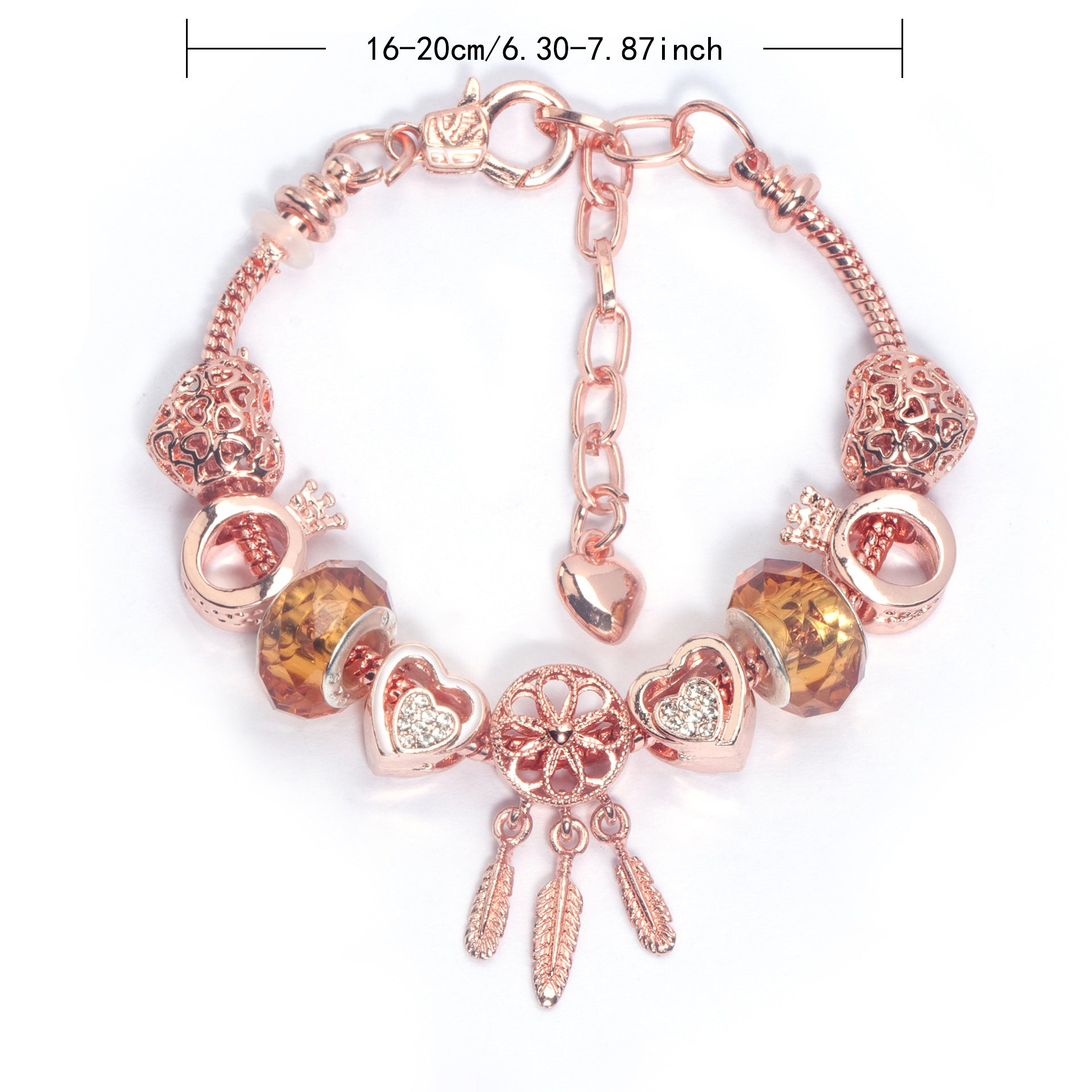Rose Gold Plated Charm Bracelet with Zircon, Hollow Heart, Flower, Crown & Glass Beads(18cm) - Image 2
