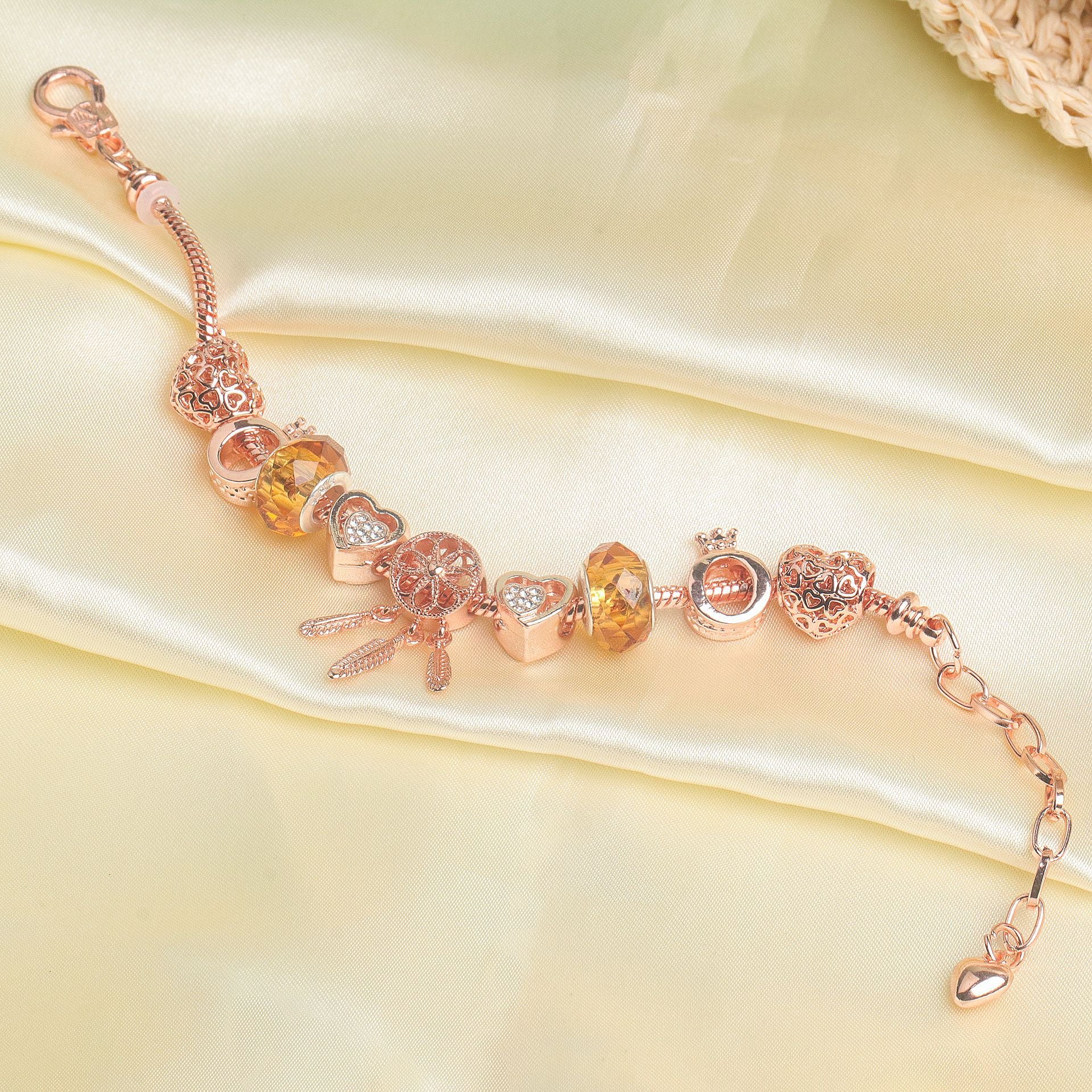 Rose Gold Plated Charm Bracelet with Zircon, Hollow Heart, Flower, Crown & Glass Beads(19cm) - Image 3