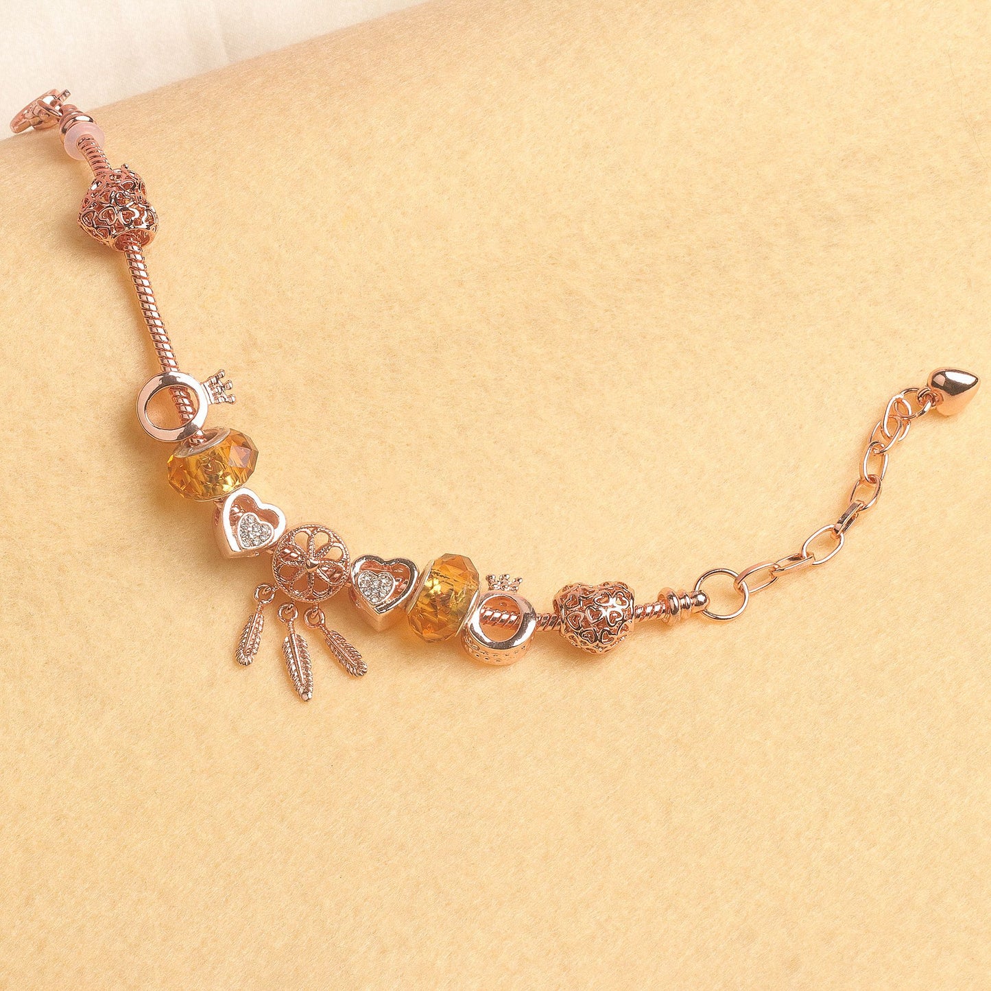 Rose Gold Plated Charm Bracelet with Zircon, Hollow Heart, Flower, Crown & Glass Beads(19cm) - Image 4