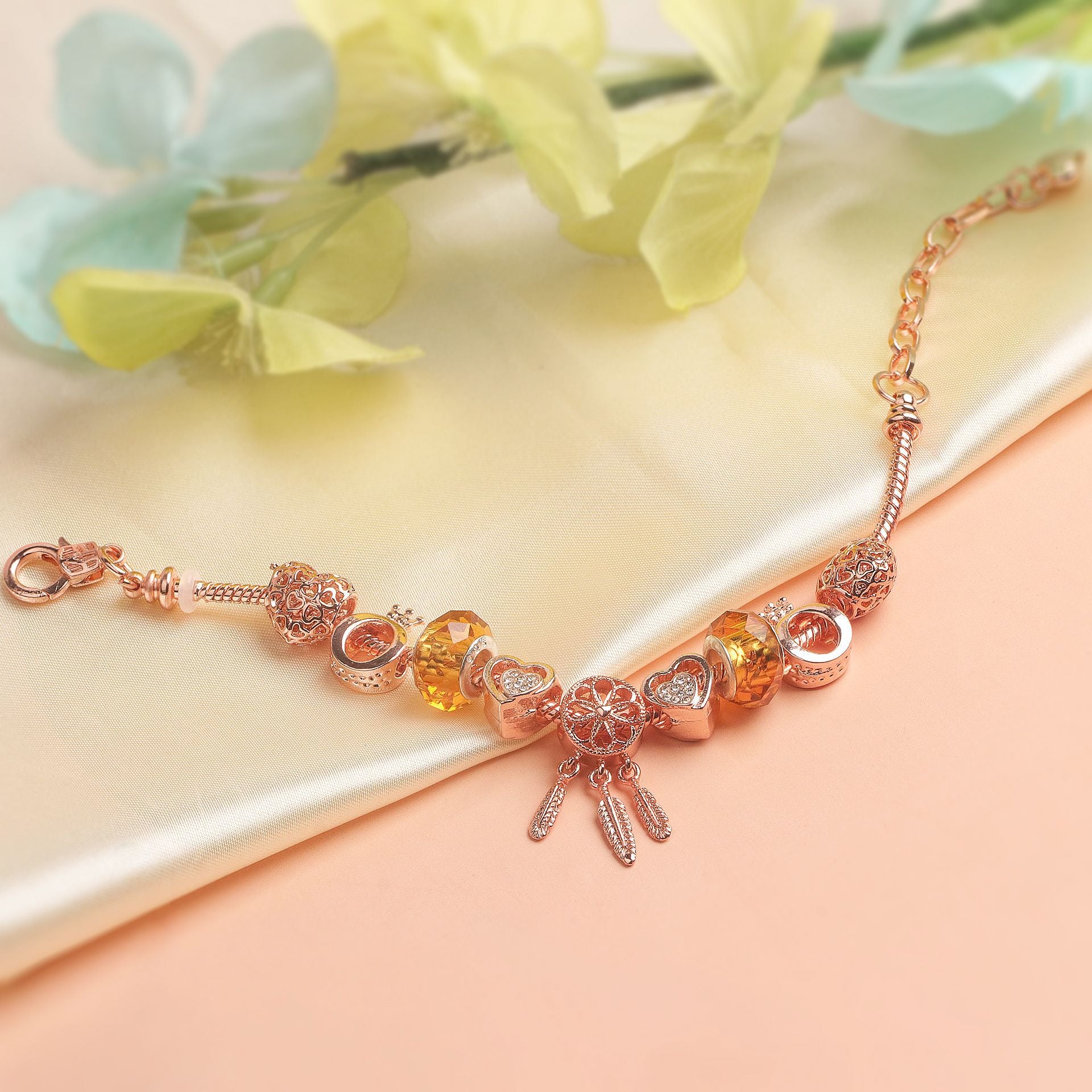 Rose Gold Plated Charm Bracelet with Zircon, Hollow Heart, Flower, Crown & Glass Beads(19cm) - Image 5