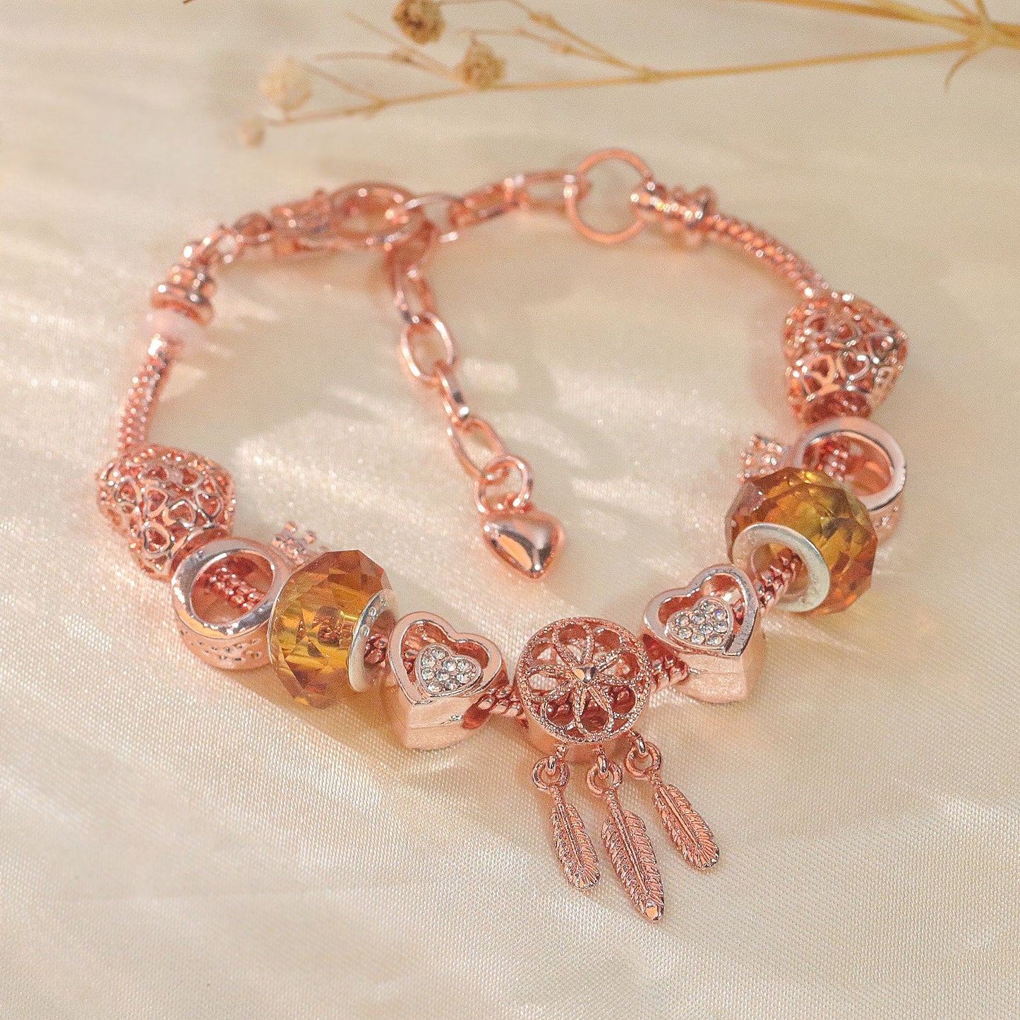 Rose Gold Plated Charm Bracelet with Zircon, Hollow Heart, Flower, Crown & Glass Beads(19cm) - Image 6