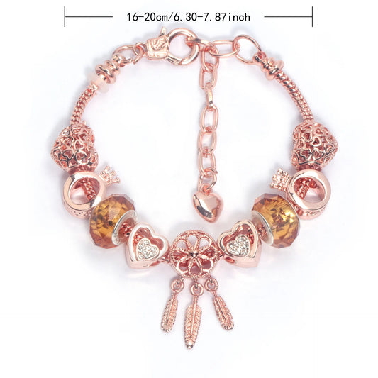 Rose Gold Plated Charm Bracelet with Zircon, Hollow Heart, Flower, Crown & Glass Beads(20cm) - Image 2